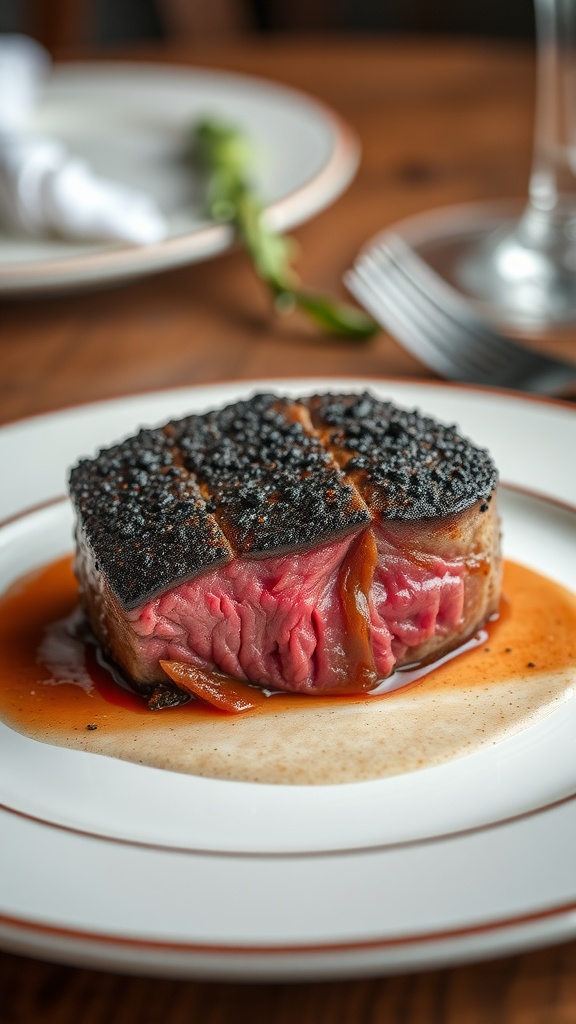 A plate of peppercorn-crusted filet mignon showcasing a seared exterior and juicy pink interior.