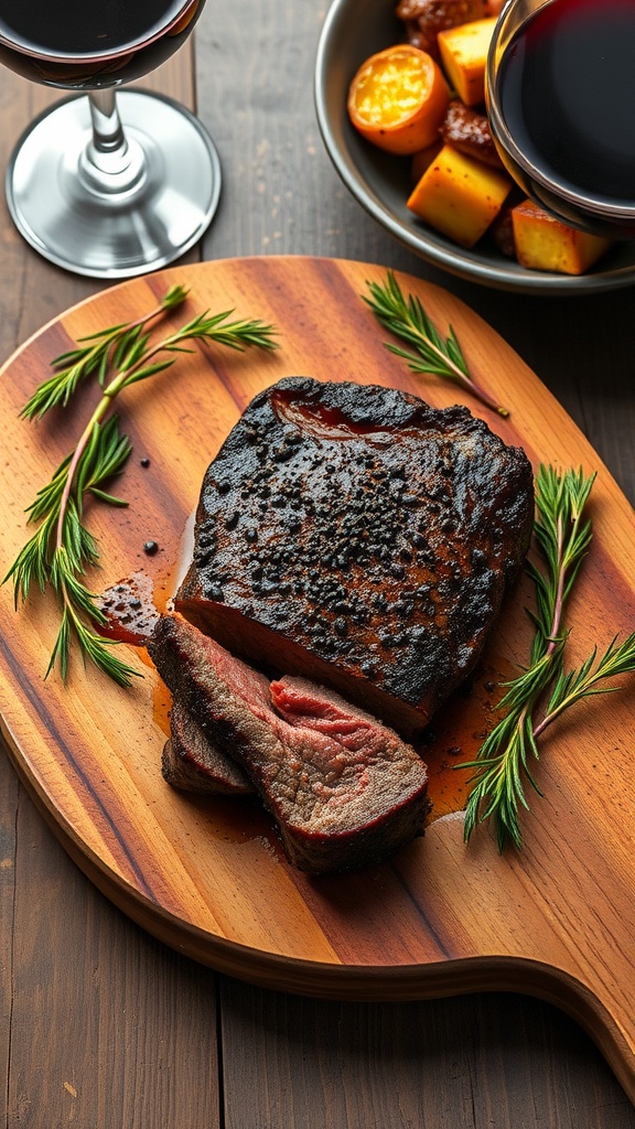 Peppercorn-crusted filet mignon steak on a wooden cutting board, garnished with rosemary and served with red wine and roasted vegetables.