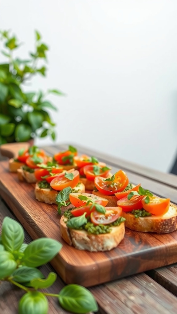 Delicious pesto and roasted tomato bruschetta on a wooden board with fresh basil