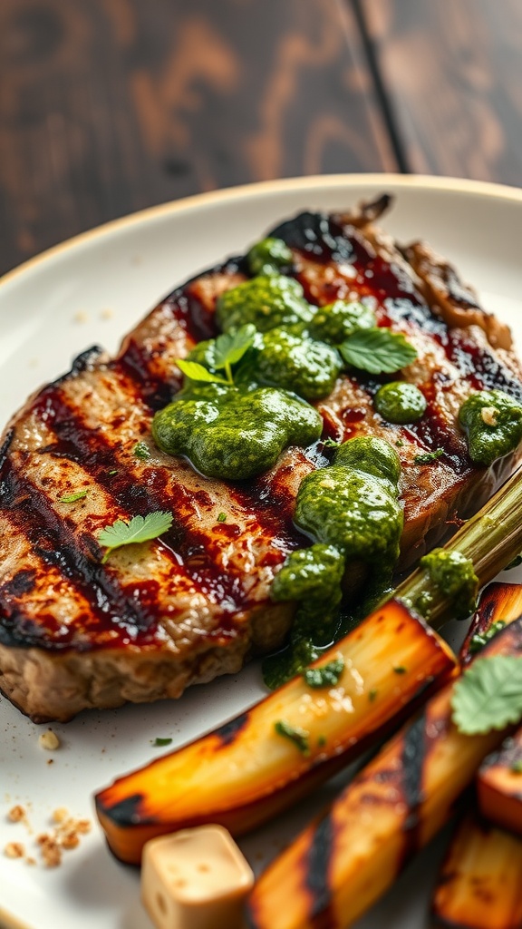A grilled steak topped with pesto and served with grilled vegetables.
