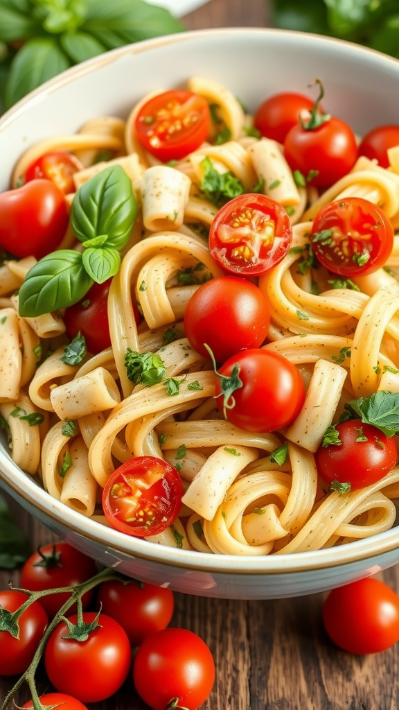 A delicious bowl of pasta salad with cherry tomatoes and basil.