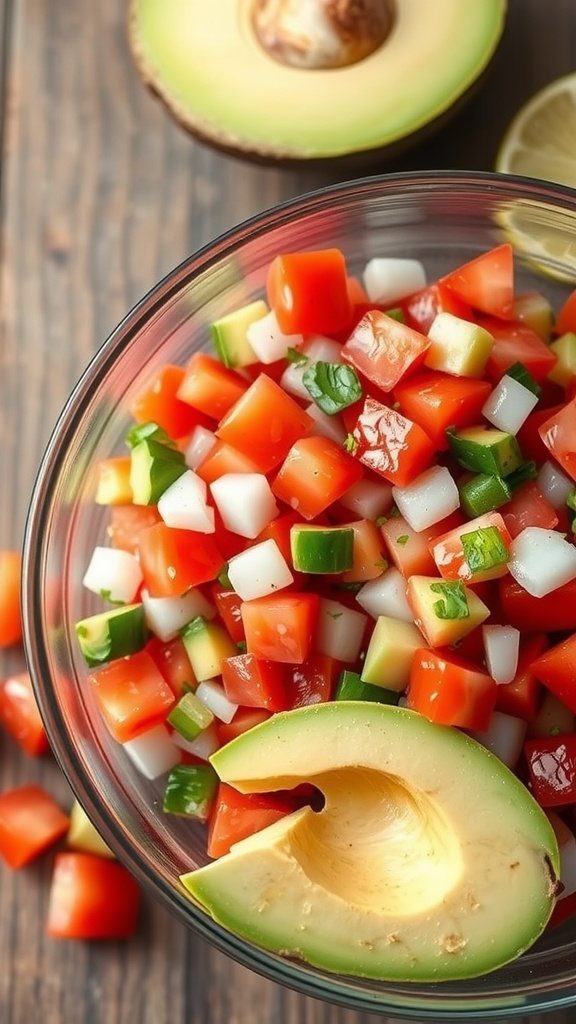 A bowl of Pico de Gallo salad with diced tomatoes, cucumbers, green peppers, and avocado