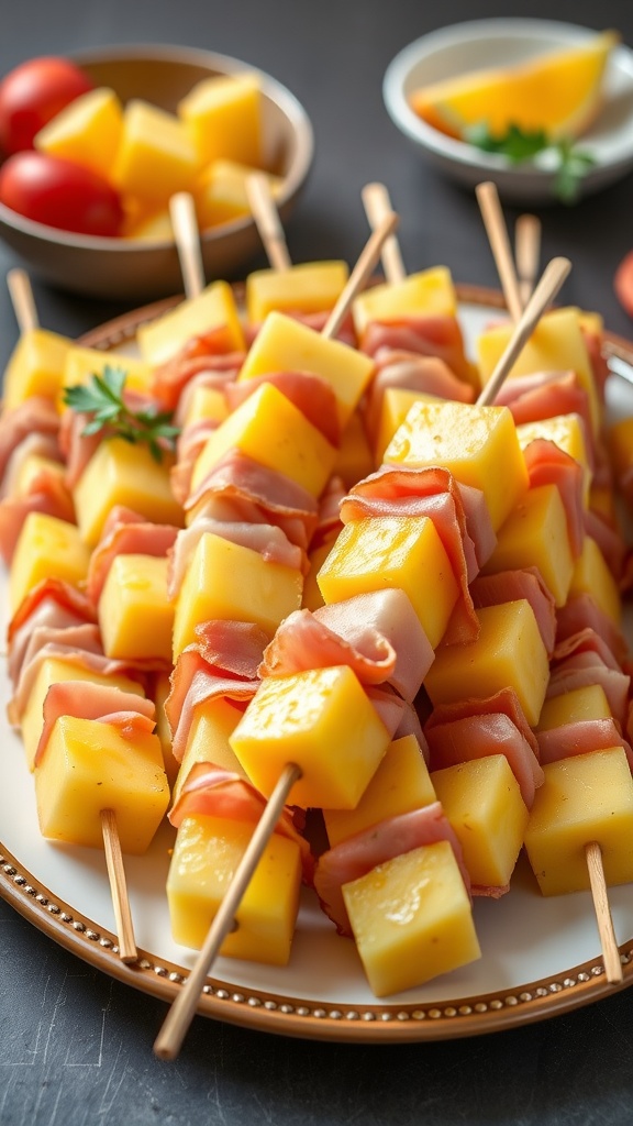 Plate of pineapple and ham skewers with fresh ingredients.