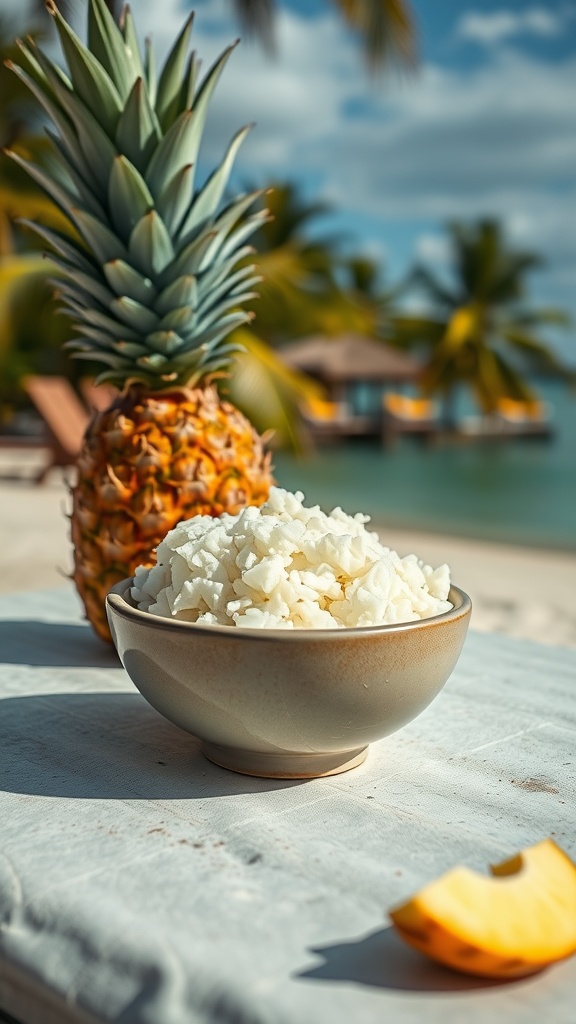 A bowl of fluffy rice next to a pineapple on a beach table with a tropical background