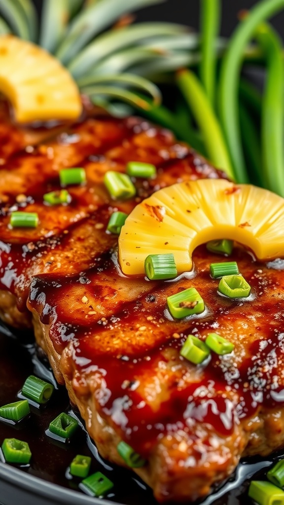 A beautifully grilled steak topped with pineapple slices and green onions, served on a black plate.