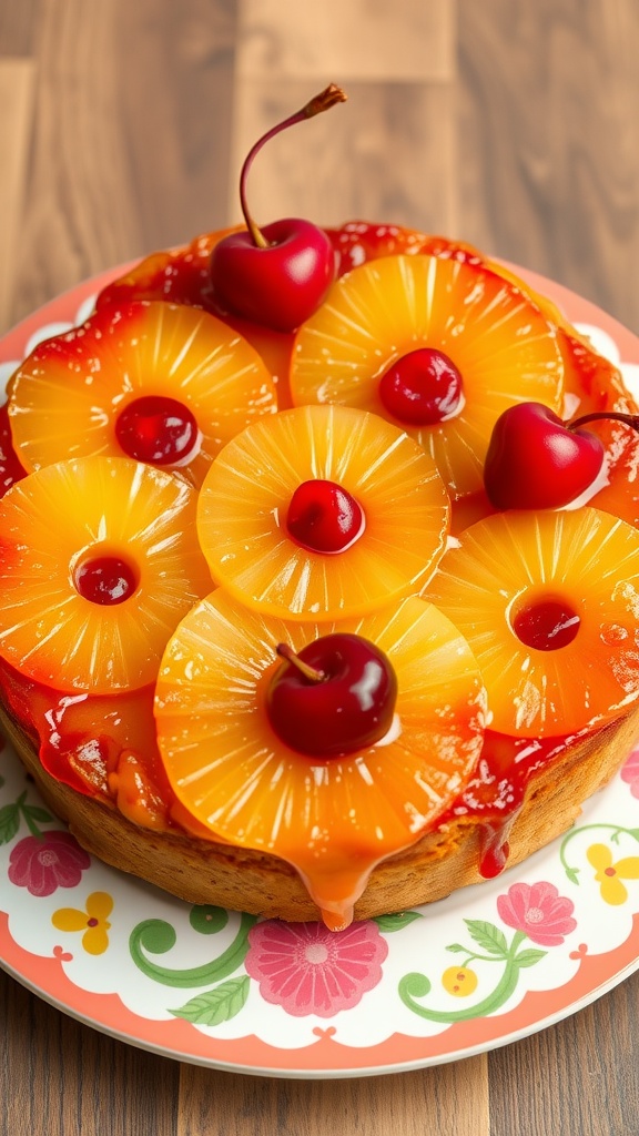 Pineapple Upside-Down Cake with pineapple slices and cherries on a colorful plate