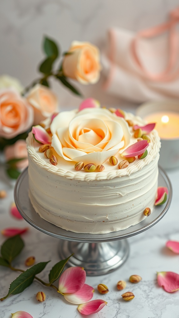 A beautifully decorated Pistachio Rose Cake with rose petals and pistachios on top.