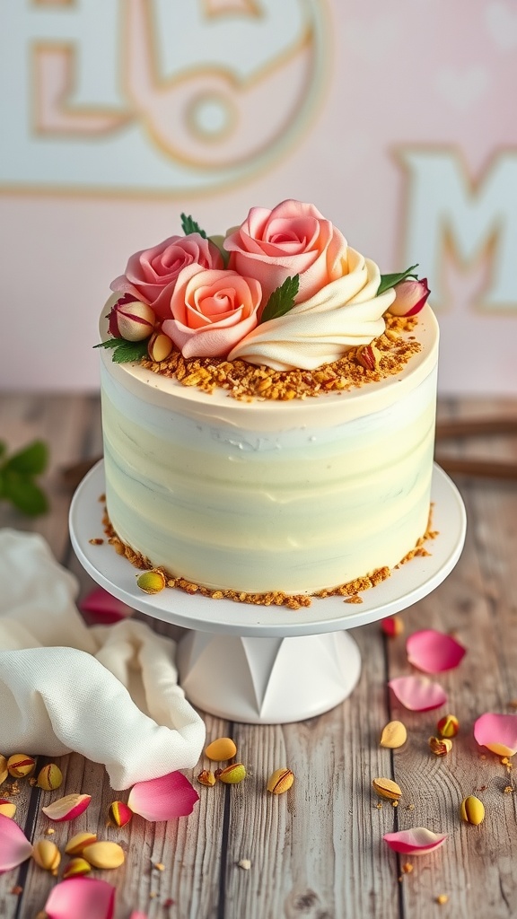 A beautifully decorated Pistachio Rose Cake with pink roses on top and pistachios scattered around.