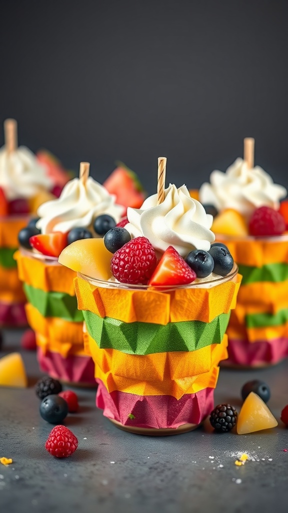 Colorful piñata fruit cups filled with various fruits and topped with whipped cream.