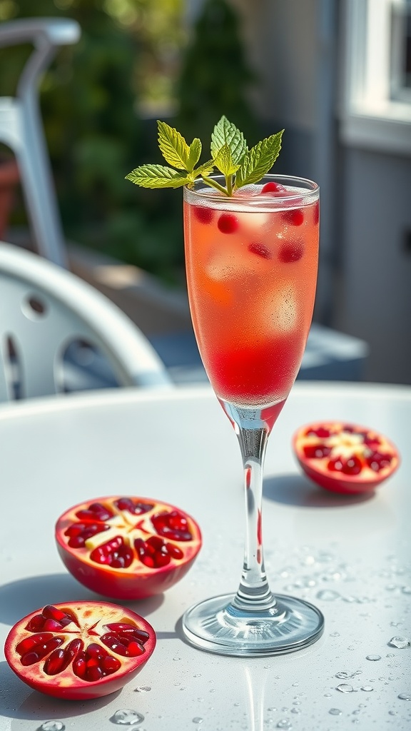 A refreshing Pomegranate Rum Sparkler cocktail in a tall glass, garnished with mint leaves and surrounded by halved pomegranates.