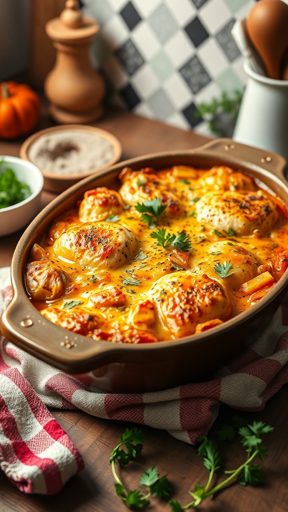 A delicious Poppy Seed Chicken Casserole with a golden crust, garnished with herbs, resting in a baking dish on a wooden table.