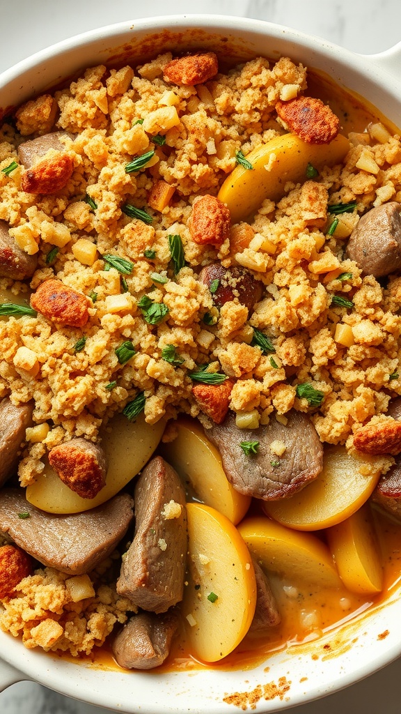 A delicious pork and apple casserole with a golden topping.