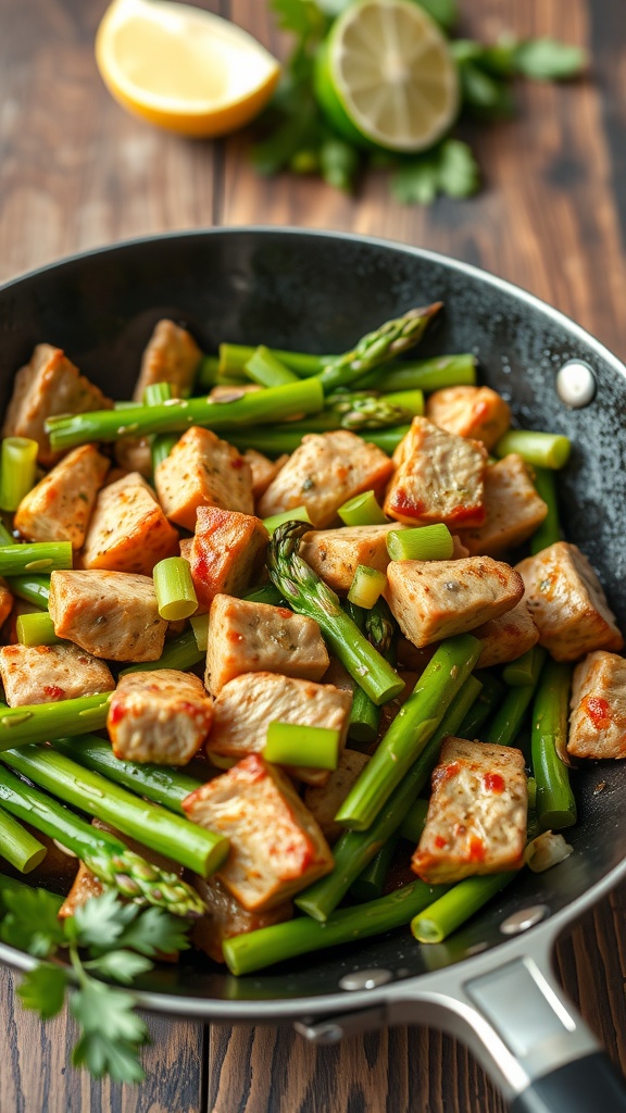 A delicious pork and asparagus stir-fry with fresh ingredients in a skillet.