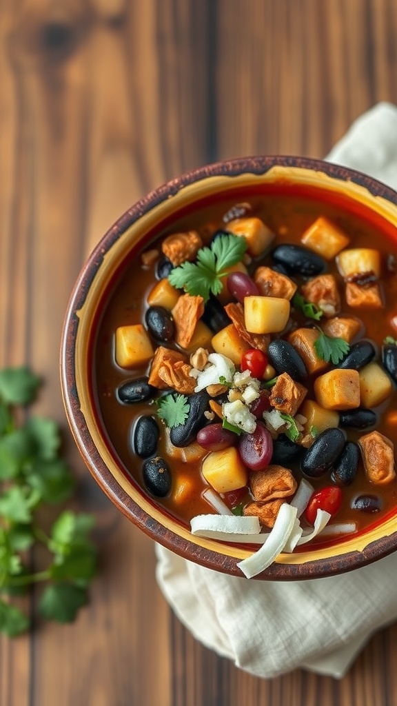 A bowl of pork and black bean chili topped with fresh ingredients.