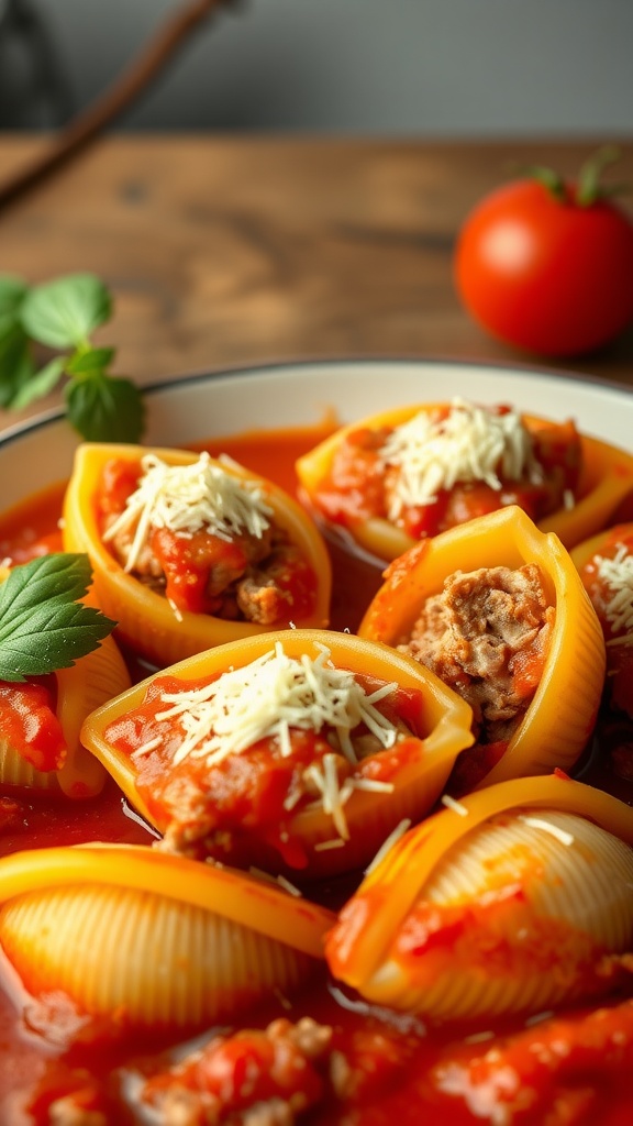 Plate of pork and cheese stuffed shells with tomato sauce