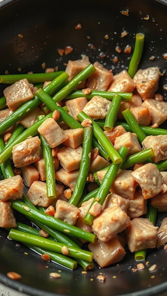 A stir-fry dish featuring pieces of pork and green beans in a black pan.