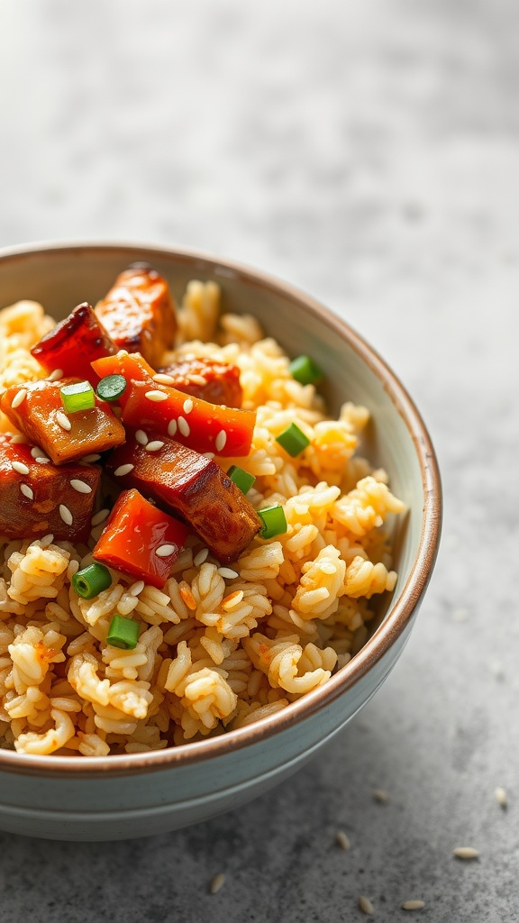 A bowl of pork and kimchi fried rice topped with green onions and red bell peppers.