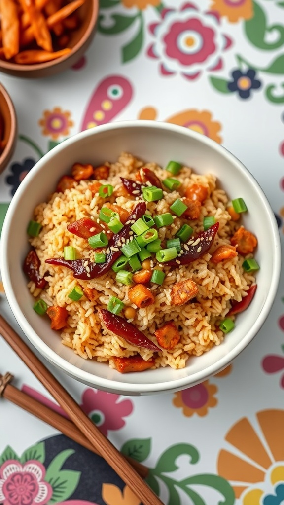 A bowl of Pork and Kimchi Fried Rice topped with green onions, served with chopsticks and colorful side dishes.