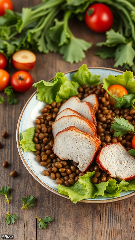 A plate of sliced pork served on a bed of lentils and greens, with cherry tomatoes and fresh herbs.