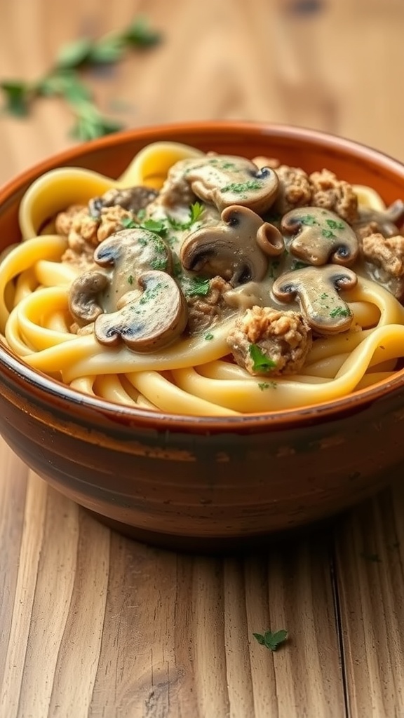 A bowl of pork and mushroom stroganoff served on a wooden table.