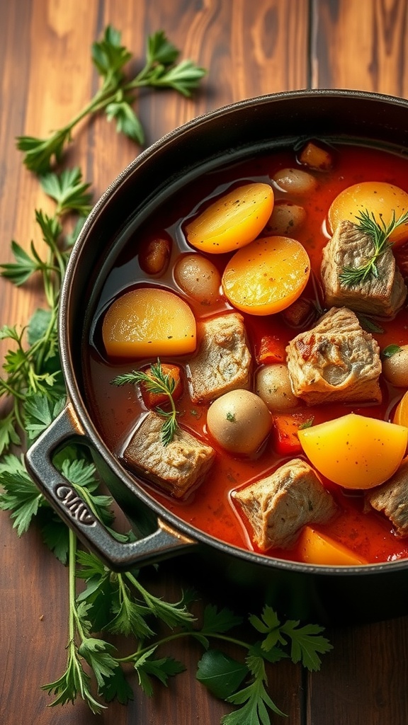 A bowl of pork and potato stew with tender meat, potatoes, and herbs.
