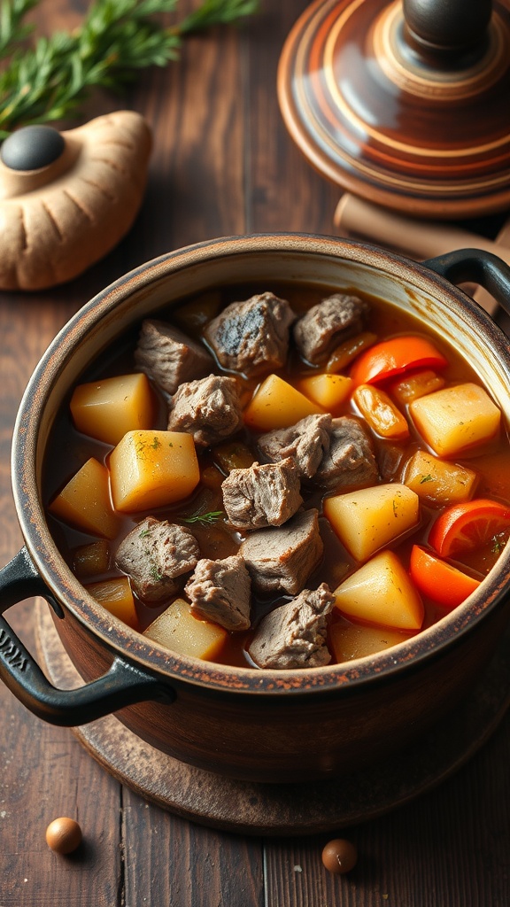 A bowl of hearty pork and potato stew with chunks of pork, potatoes, and carrots.