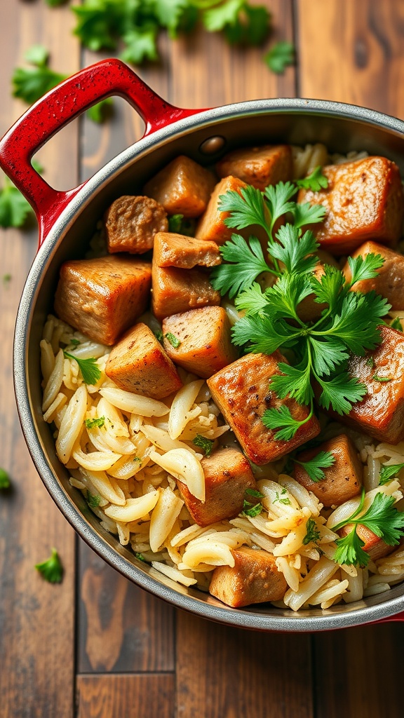A skillet filled with pork and sauerkraut, garnished with fresh parsley on a wooden table.