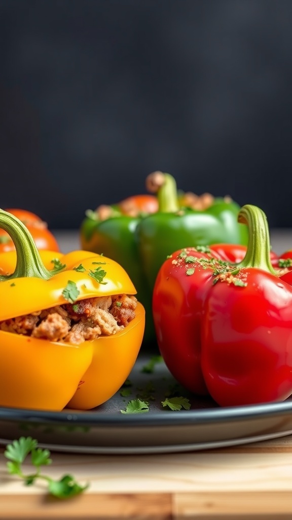 Colorful stuffed peppers filled with pork and veggies