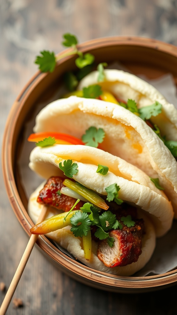A close-up of pork belly buns filled with pickled vegetables and garnished with cilantro