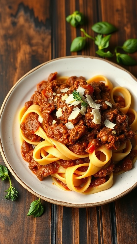A plate of pappardelle pasta topped with rich pork bolognese sauce and garnished with herbs.