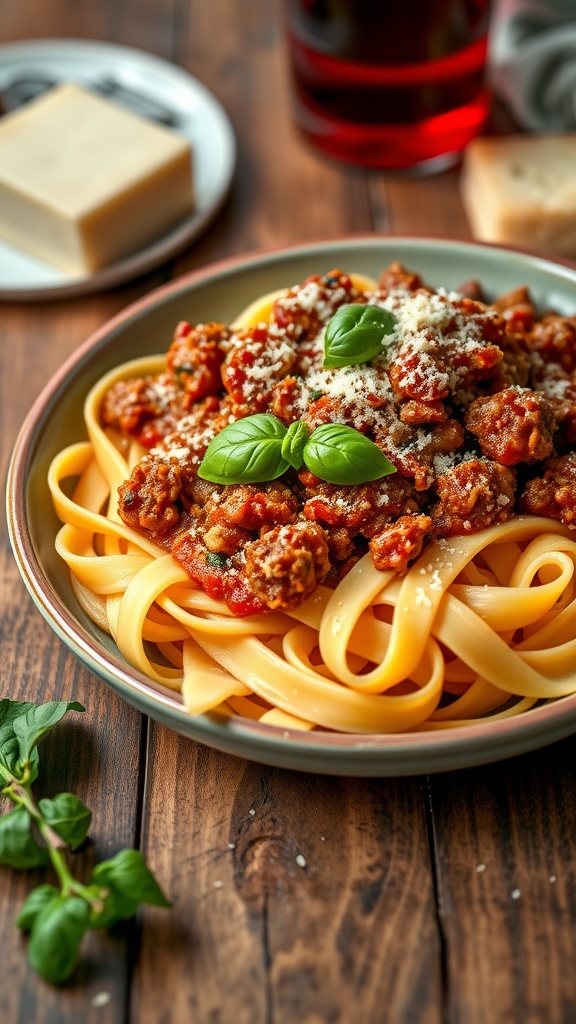 A bowl of pappardelle pasta topped with pork bolognese sauce, garnished with basil and cheese.