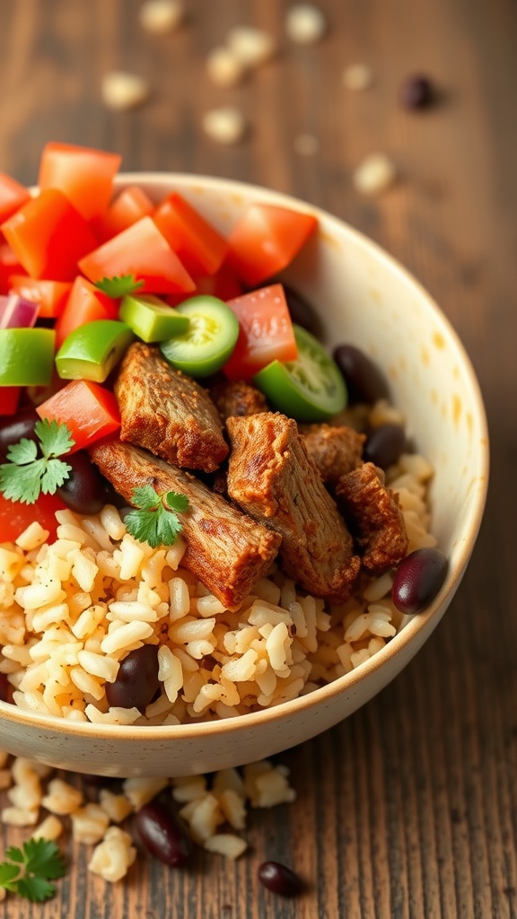 A delicious pork burrito bowl featuring rice, beans, and colorful vegetables.