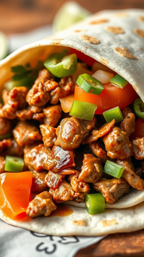 Close-up of a Pork Carnitas Burrito filled with pork, tomatoes, and green peppers.