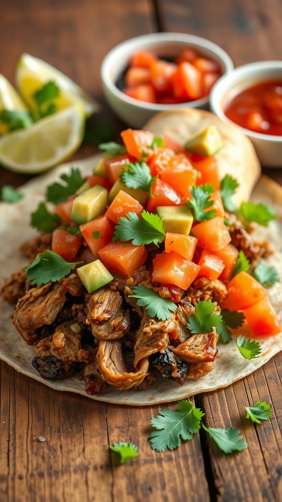 A delicious Pork Carnitas Burrito with fresh toppings like diced tomatoes and avocado on a wooden table