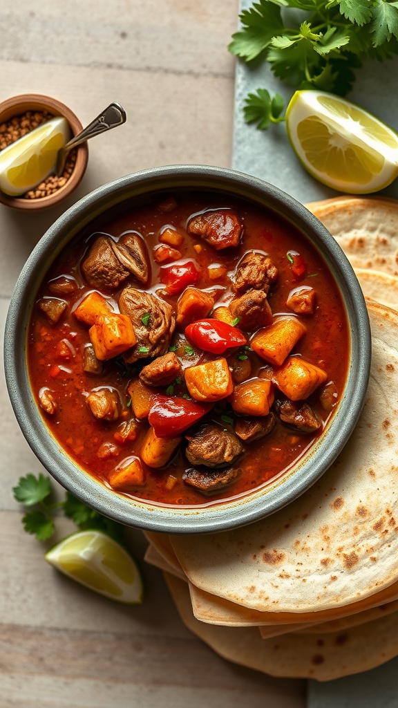 A bowl of Pork Chili Verde with colorful ingredients and tortillas on the side.