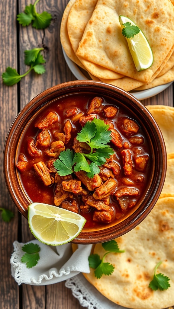 A bowl of Pork Chili Verde garnished with cilantro and lime, served with warm tortillas on the side.