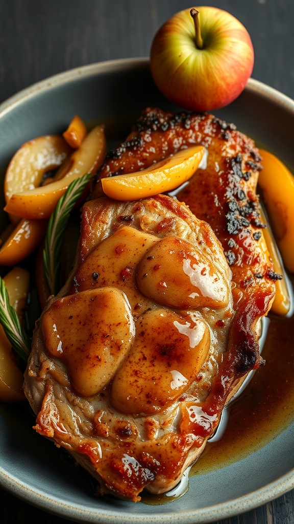 Plate of pork chops with apple cider reduction and sautéed apples