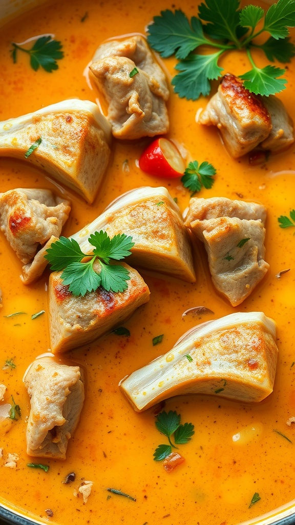 A bowl of pork curry with coconut milk featuring tender meat and vibrant sauce.