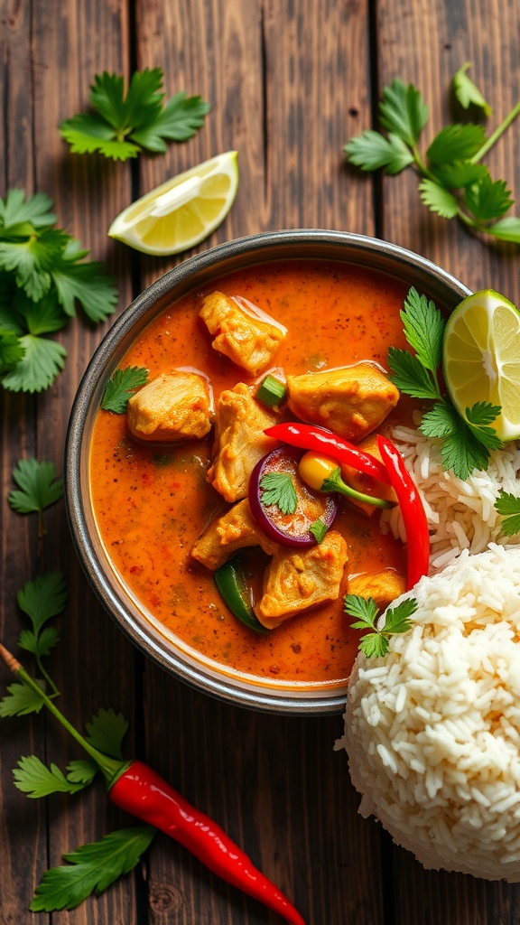 Bowl of pork curry with coconut milk and rice, garnished with green herbs and lime