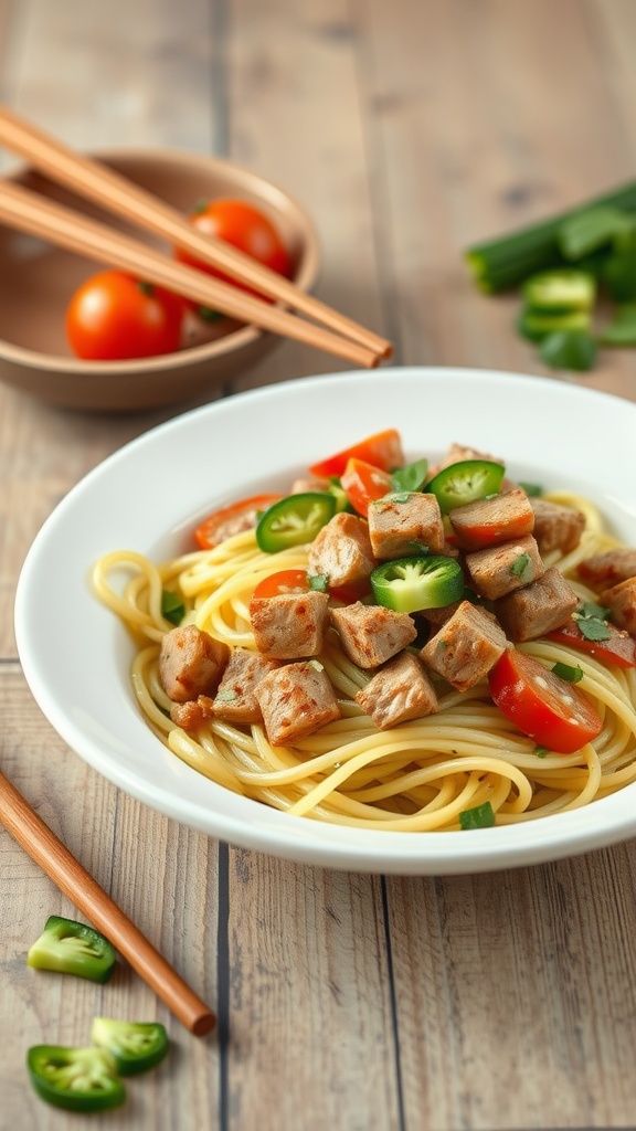 A bowl of pork fried zucchini noodles with chopped vegetables.