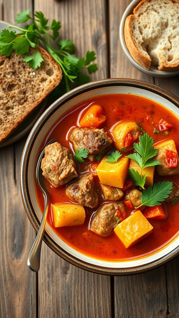 A bowl of pork goulash with potatoes, garnished with parsley, alongside slices of bread.