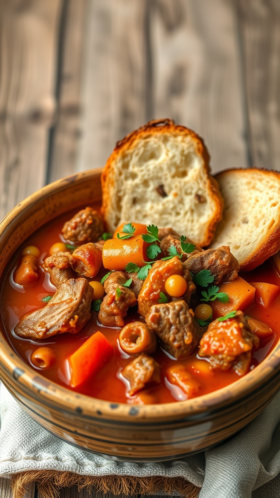 A bowl of pork goulash with vegetables and bread on the side.