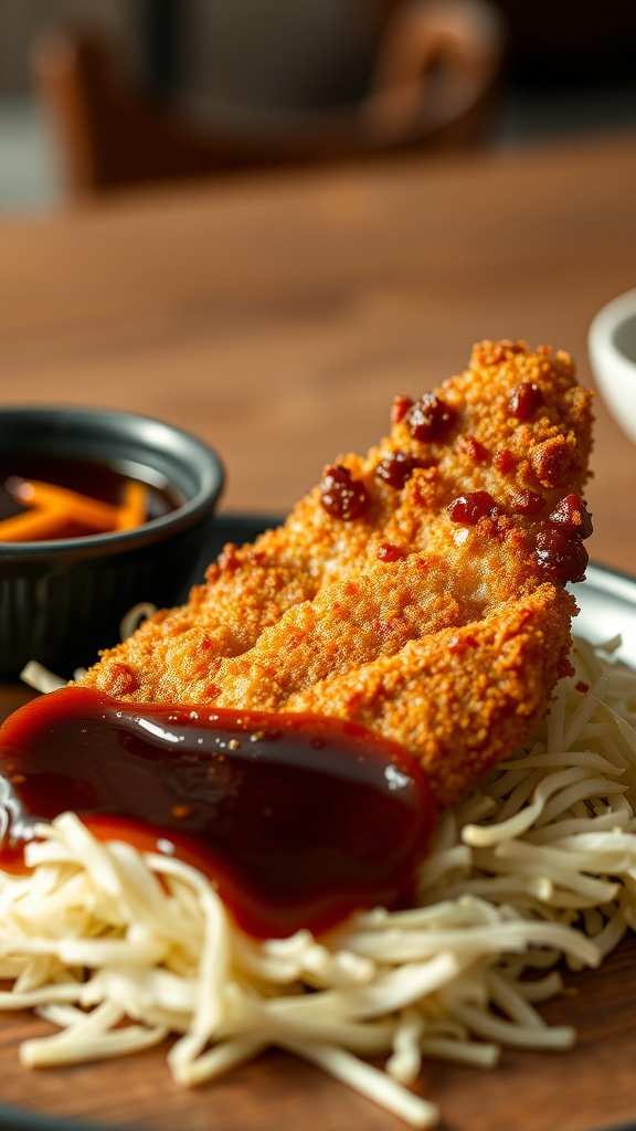 A plate of crispy pork katsu with tonkatsu sauce and shredded cabbage.