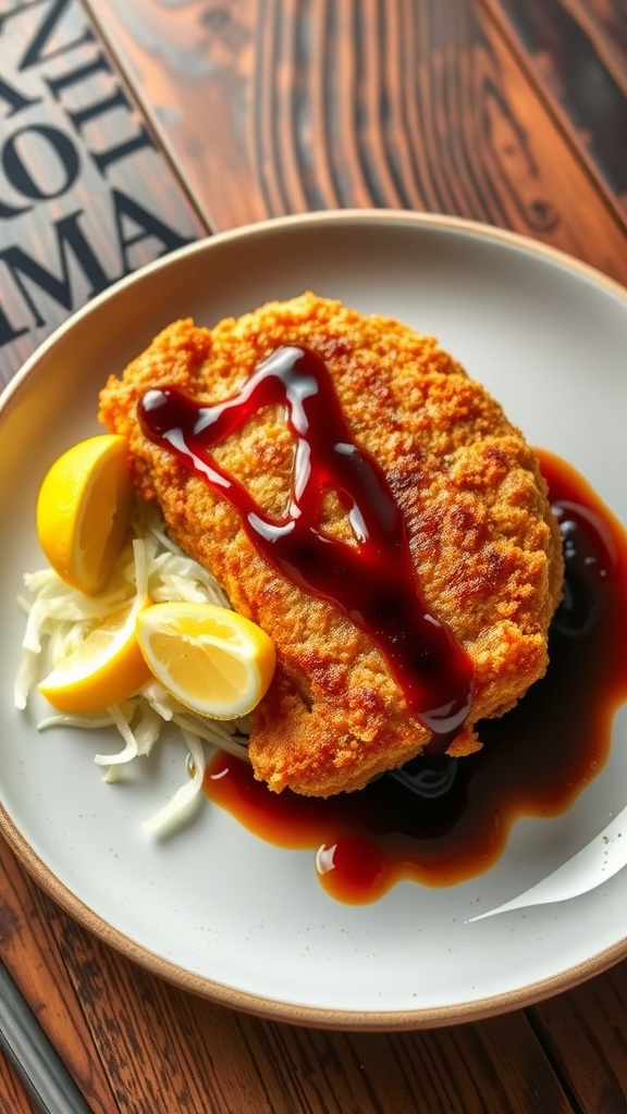 A plate of crispy Pork Katsu garnished with tonkatsu sauce and lemon slices, served with shredded cabbage.