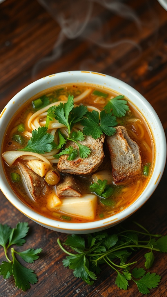 Bowl of pork noodle soup garnished with herbs