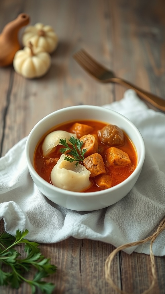 A bowl of Pork Paprikash with dumplings on a wooden table.