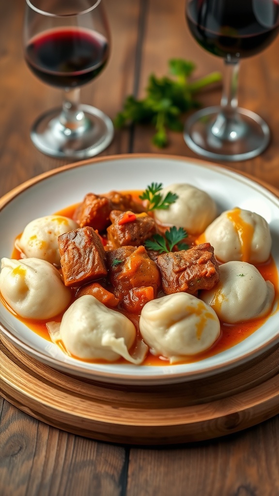 A bowl of Pork Paprikash with dumplings, garnished with parsley, and served with wine and bread