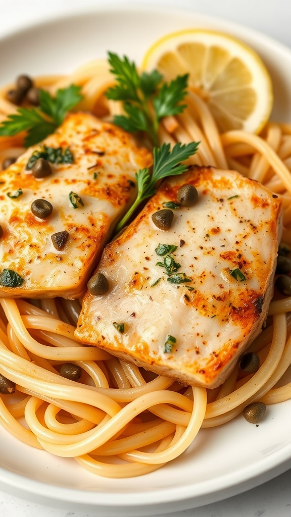 A plate of pork piccata with capers served over pasta, garnished with lemon and parsley.