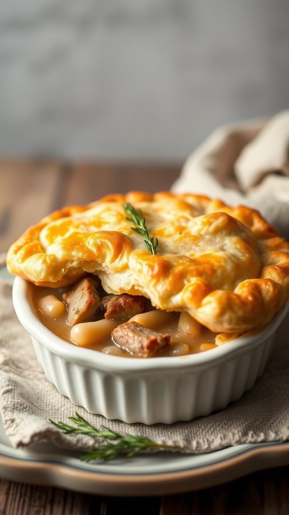 A delicious pork pot pie with a golden puff pastry crust, filled with tender pork and beans.