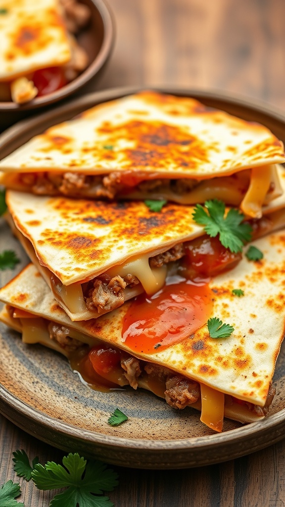 Delicious pork quesadillas stacked on a plate, garnished with cilantro.